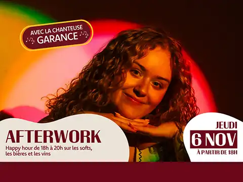6 novembre afterwork avec Garance, happy hour de 18h à 20h au bar Les Beaux Jours